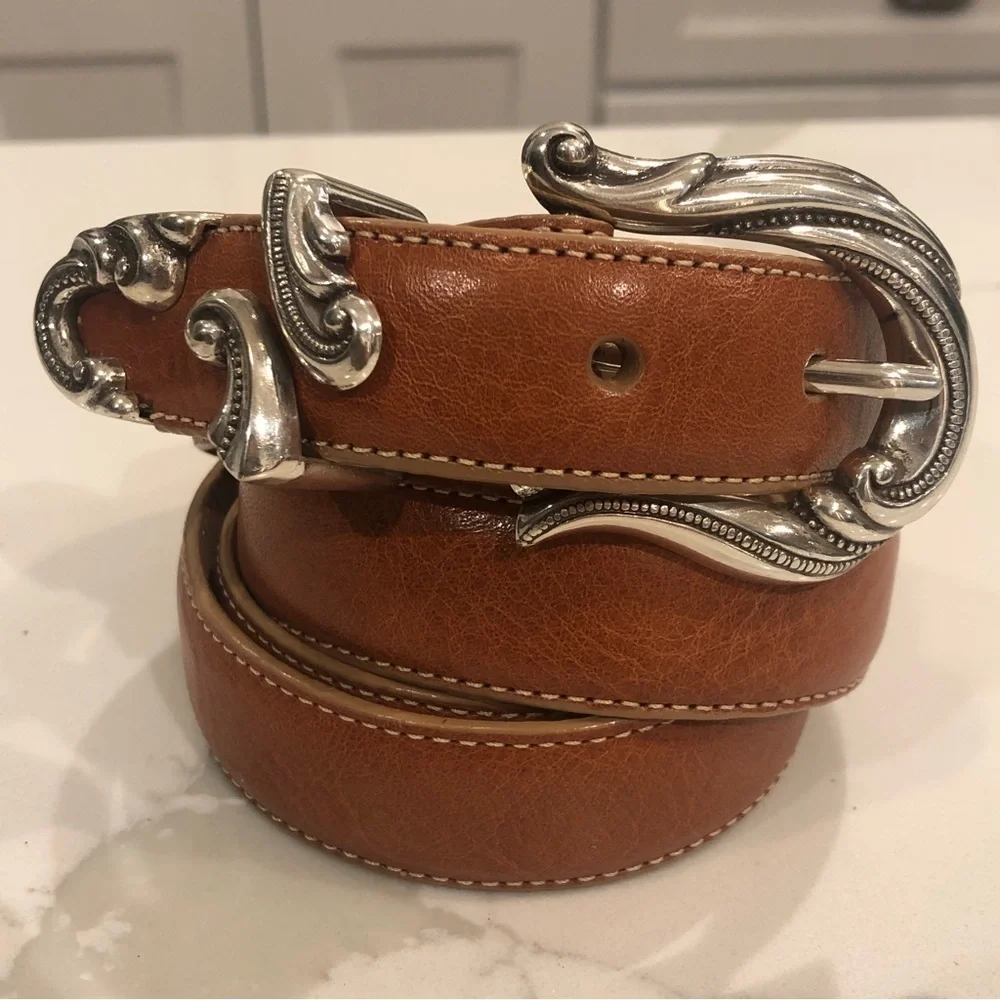 Coldwater Creek Tan Leather Silver Scroll Western Boho Coastal Granny Belt XL
